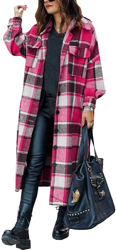 Women Fall Flannel Plaid Shacket Jacket Oversized Button Down Long Shirt Jacket