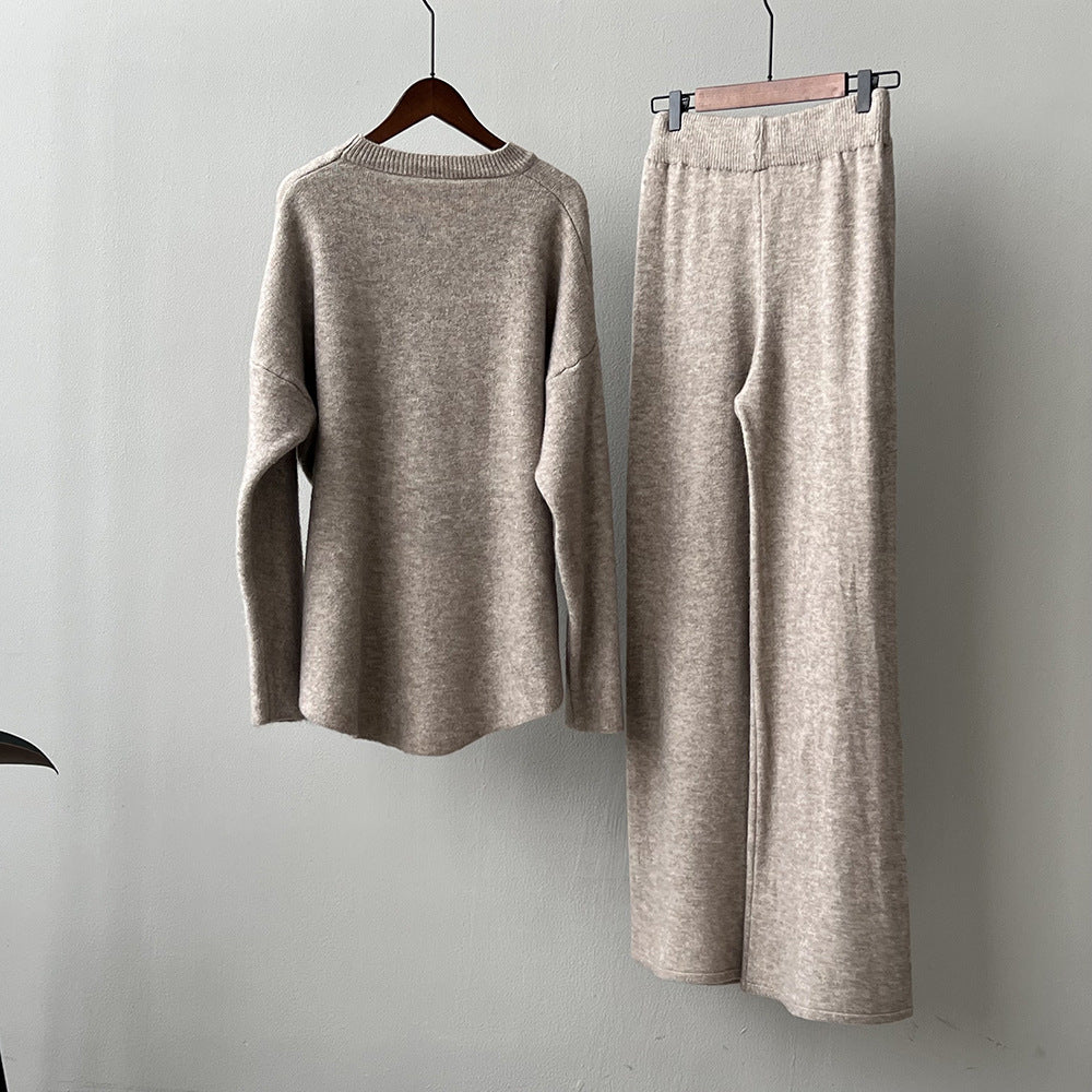 【Plus Size】 Two-Piece Set Solid Mock Neck Drop Shoulder Split Hem Sweater & Straight Leg Pants