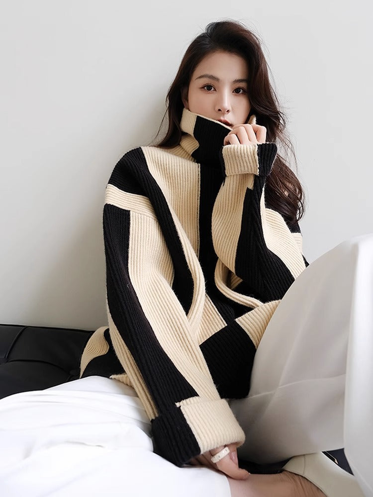 Idle Style Turtleneck Pullover Black and White Striped Sweater Women's Fall and Winter Outer Wear Gentle Soft Glutinous Coat Knitted Top Thick