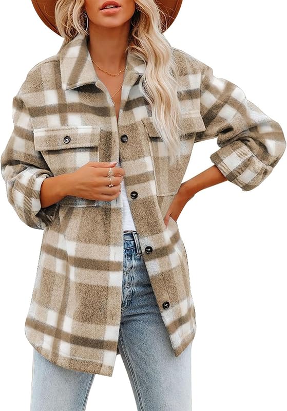 BTFBM Women Long Sleeve Button Down Jackets Plaid Flannel Shirts Tops Casual Lapel V Neck Oversized Shackets Blouses Top