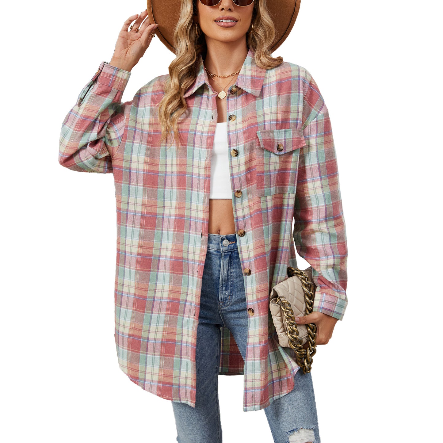 Blooming Jelly Damen Button-Down-Flanellhemden, kariert, Shacket, lange Ärmel, Kragen, Business, Casual, Tops, Arbeit 