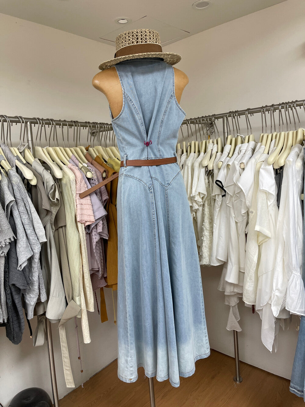 Women's Light Blue Denim Sleeveless Belted A-Line Maxi Dress Gold Button Lapel Collar with Free Belt M L - Seldom Seen Styles