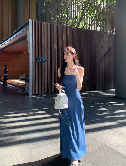 Solid Color Spaghetti Strap Maxi Dress with Built-in Non-Removable Bra Pad Dopamine Color Slim Fit Sleeveless Summer Dress