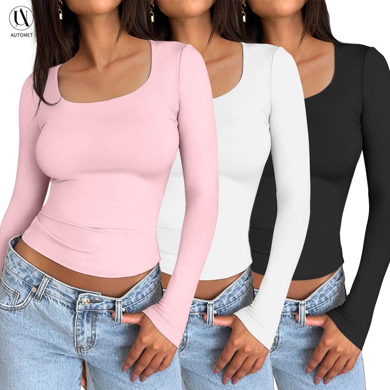 AUTOMET Women's 3 Pack Long Sleeve Crop Tops Slim Fit Y2K Fashion Basic Layering Shirts