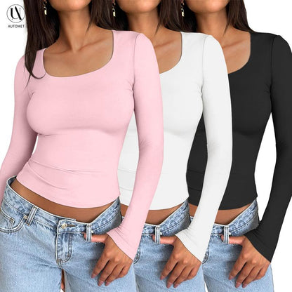 AUTOMET Women's 3 Pack Long Sleeve Crop Tops Slim Fit Y2K Fashion Basic Layering Shirts