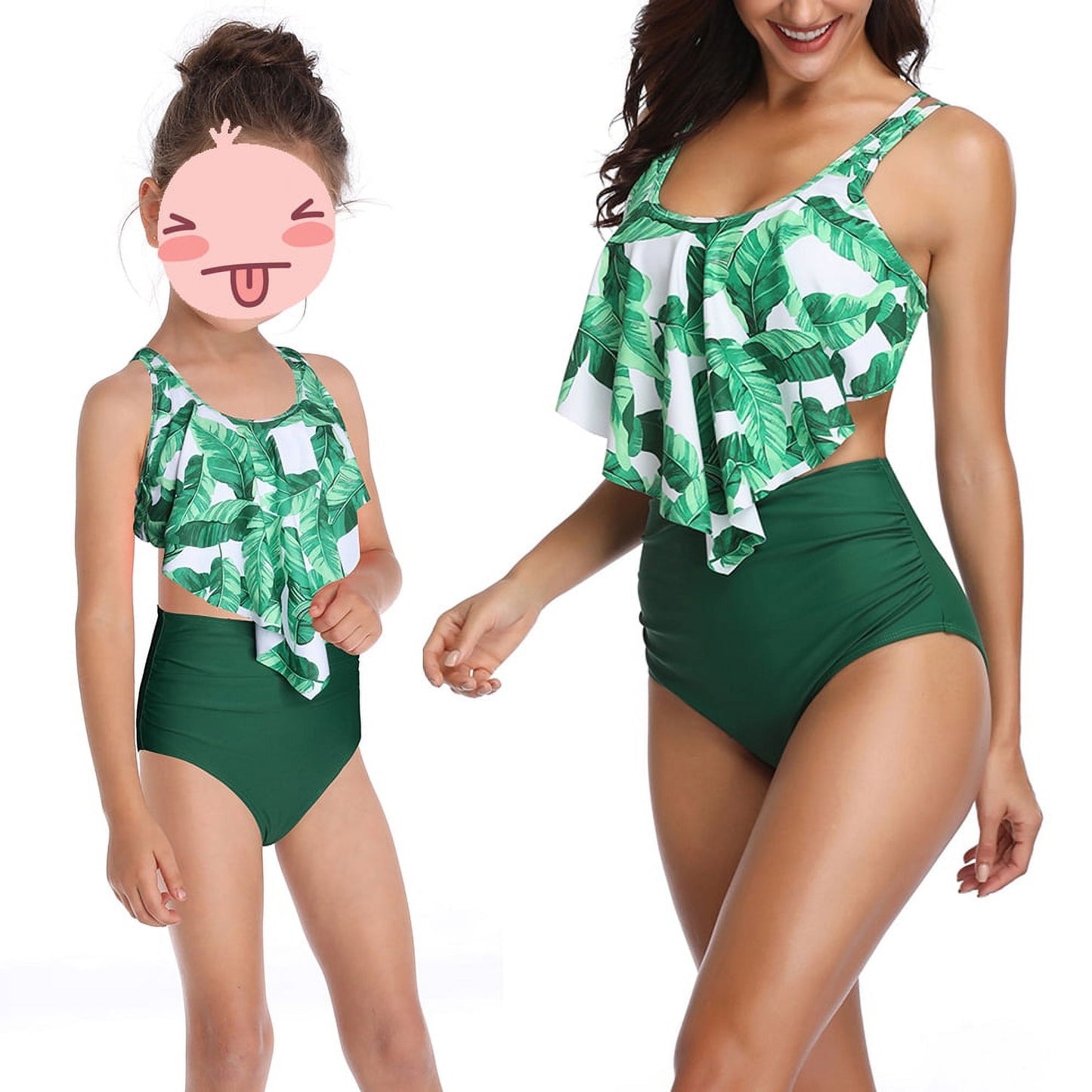 Family Matching Swimwear Mother Daughter Women Kids Girls Floral Green Leaves Printed Bikini Two-Piece Swimwear Suits - Seldom Seen Styles