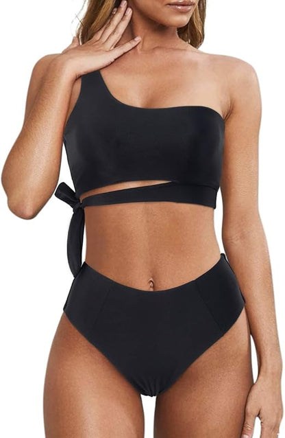 Women One Shoulder High Waisted Bikini Tie High Cut Two Piece Swimsuits - Seldom Seen Styles