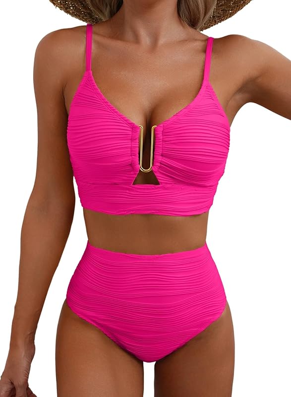 2 Piece Bikini Set V Neck Cutout Swimsuit High Waisted Textured Ruched 2025 Summer Beach Swim Bathing Suits - Seldom Seen Styles