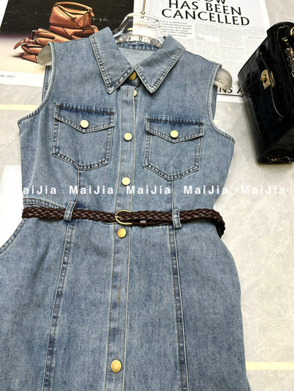 Women's Light Blue Denim Sleeveless A-Line Midi Dress Gold Button Dual Chest Pockets with Free Braided Belt S M L XL