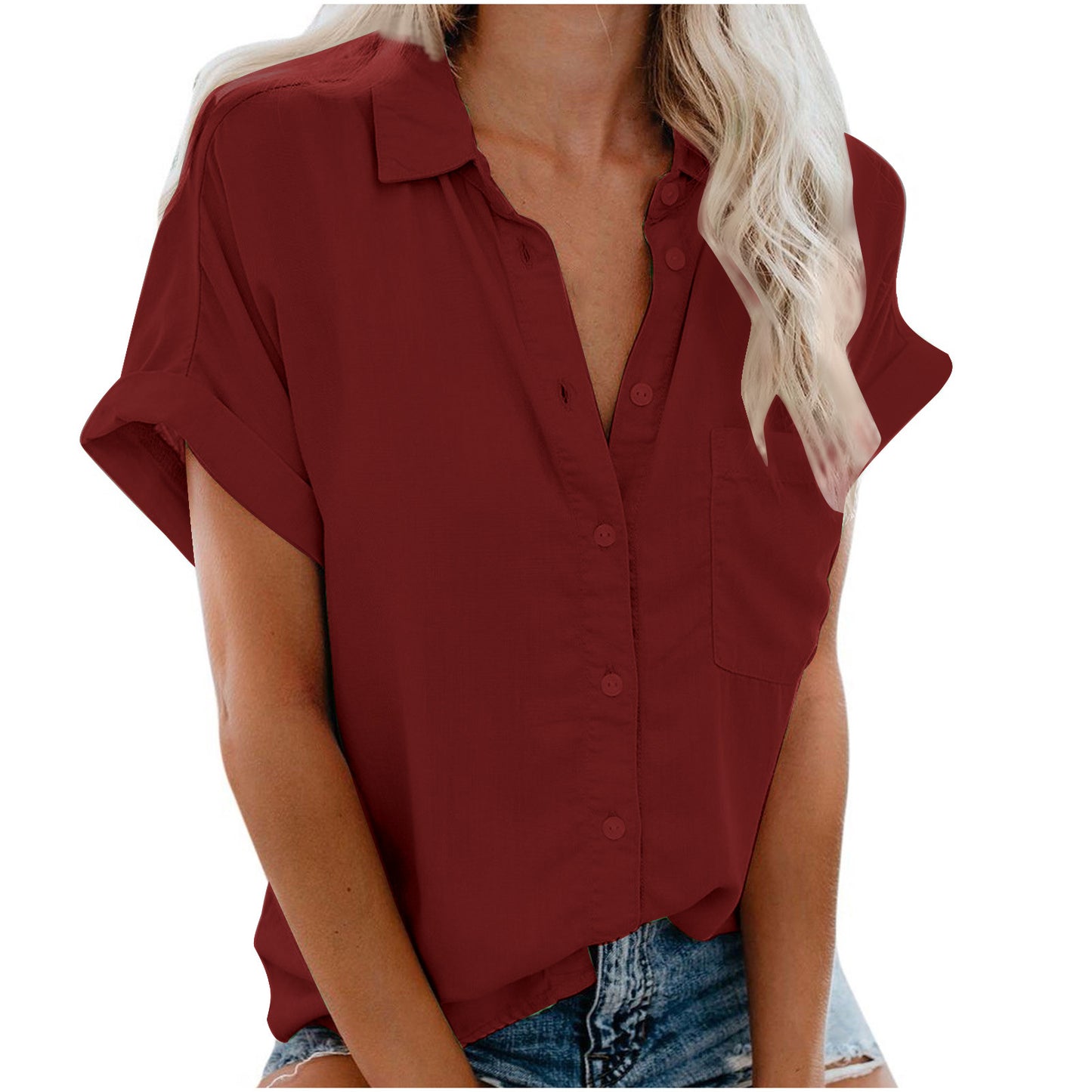 Beautife Damen Kurzarmhemden, V-Ausschnitt, Kragen, Button-Down-Shirt, Tops mit Taschen