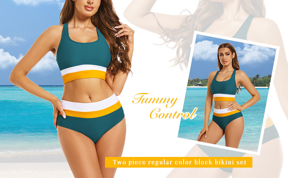 2 Piece Swimsuit for Women 2024 High-Waisted Color Block Bathing Suits Modest Sporty Bikinis Set - Seldom Seen Styles