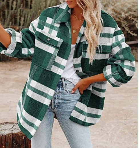 Beaully Damen Flanell Plaid Shacket Langarm Button-Down-Hemden Jacke Mäntel mit Seitentaschen 