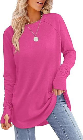 Womens Tunic Tops to Wear with Leggings Long Sleeve Thumb Hole Shirts Crew Neck Curved Hem - Seldom Seen Styles