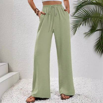 Weite Hose für Damen, Palazzo-Hose mit elastischer Taille und Kordelzug, Lounge-Hose mit Taschen, lockere Hose mit geradem Bein