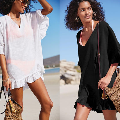 Womens Swimsuit Coverup V Neck Bathing Suit Beach Dress Sexy Ruffle Sleeves Bikini Cover Up Loose Top