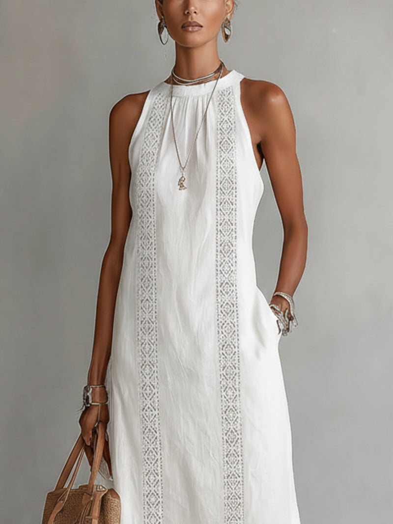 White Sleeveless Linen Midi Dress With Lace Insets And Side Slit - Seldom Seen Styles