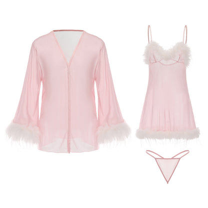Womens Sexy 3 Piece Fuzzy Lingerie Set Transparent Tulle Nightshirt With Robe and G-String