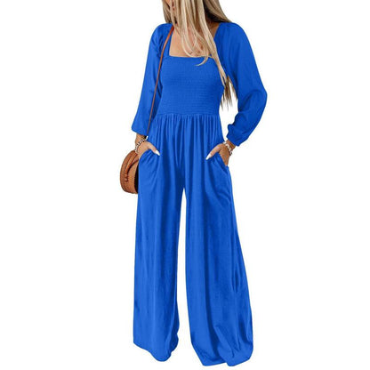 Women's Plain Ruched Shirred Pocket Wide Leg Jumpsuit, Casual Bishop Sleeve Square Neck Jumpsuit for Spring & Fall, Ladies Clothes for Daily Wear