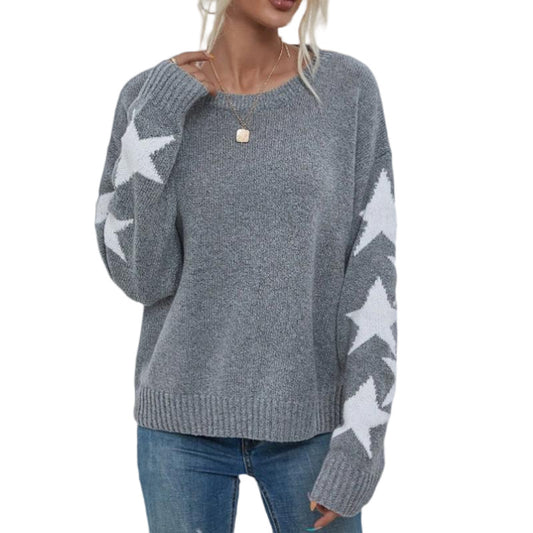 Fashion Solid Color Five-Pointed Star Sweater Crew Neck Pullover Autumn Winter Women's Knitwear