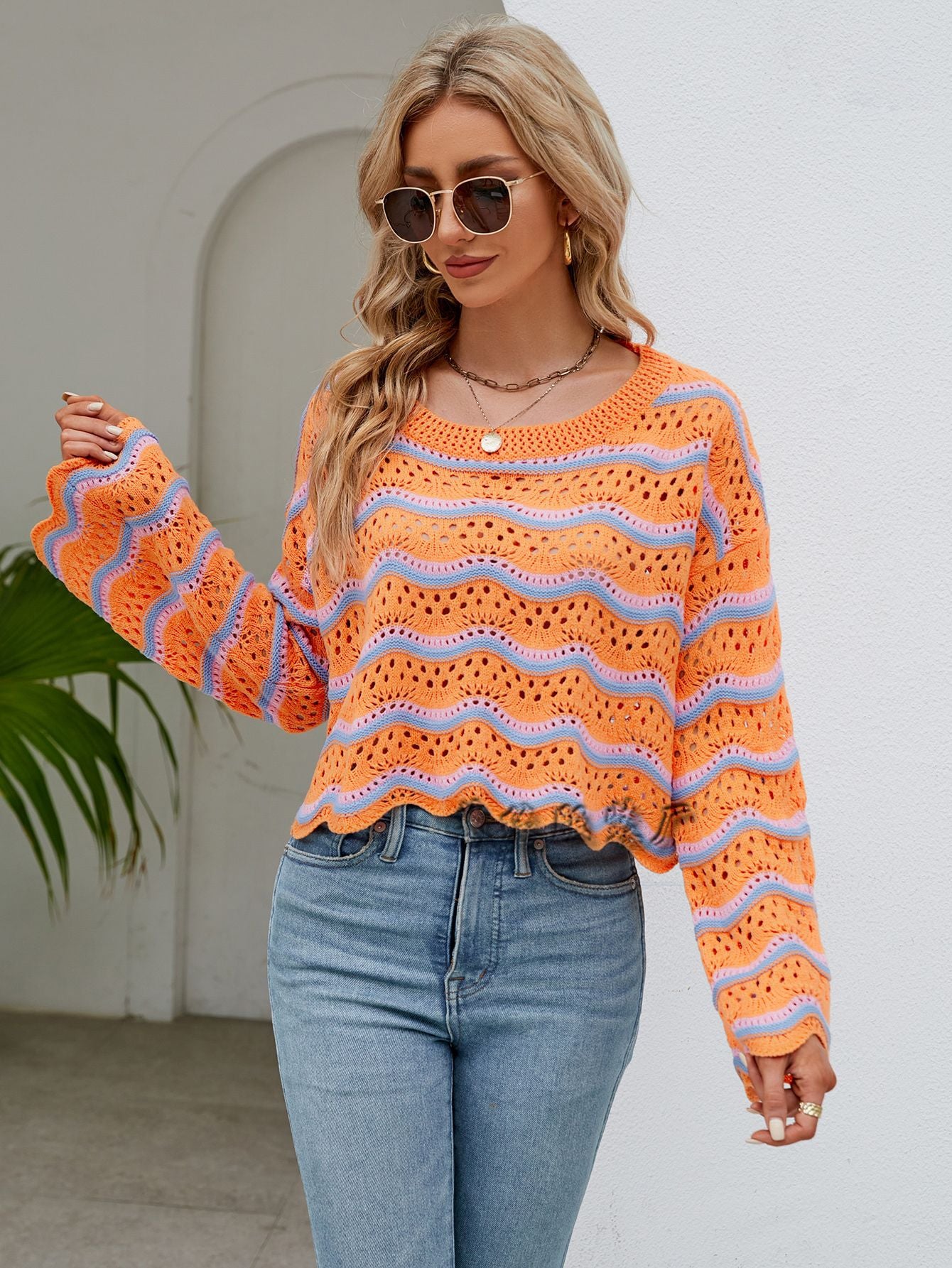 Spring and Autumn Women's Clothing Amazon Cross-Border Foreign Trade Fashion Long Sleeve Blouse round Neck European and American New Knitted Striped Sweater for Women