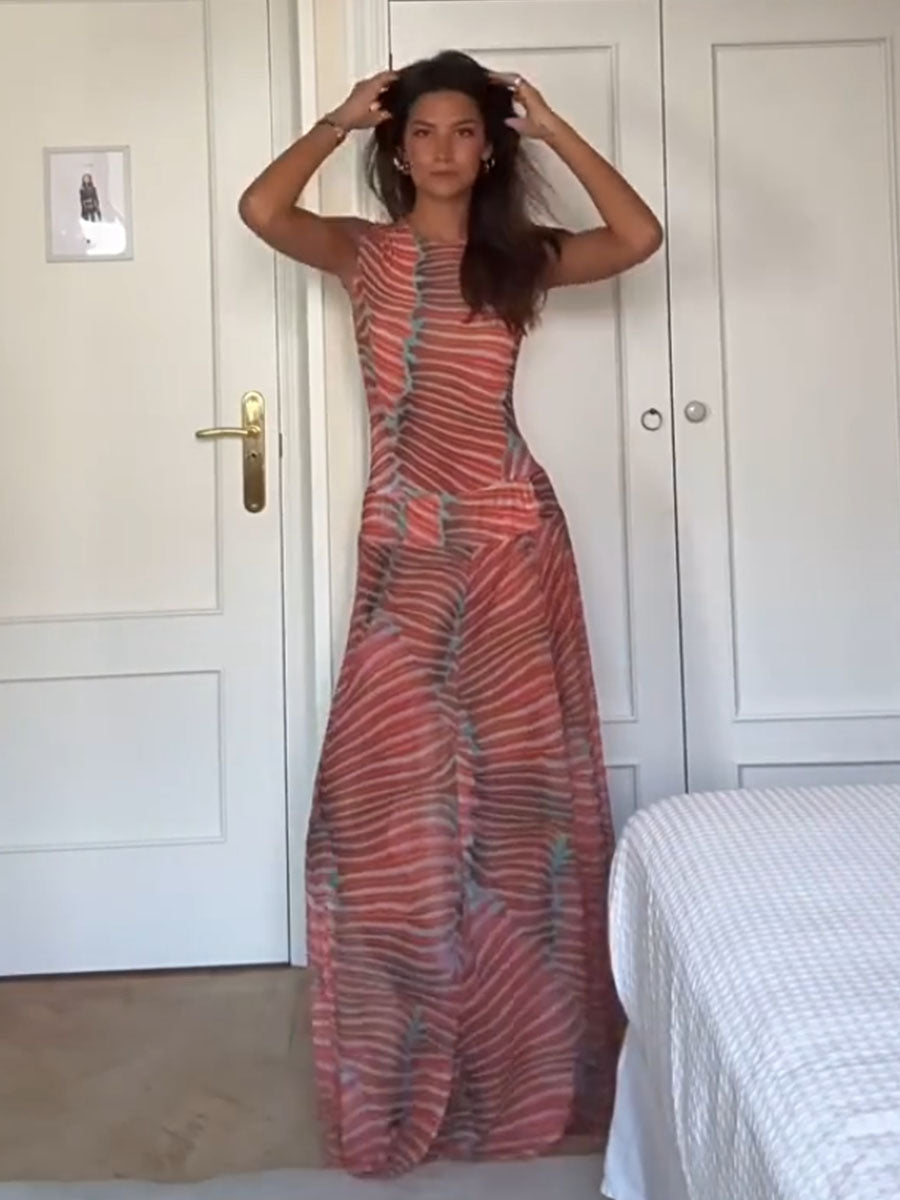 Women's Mesh Two Piece Set Sleeveless Crop Top and Bodycon Maxi Skirt Outfit - Seldom Seen Styles