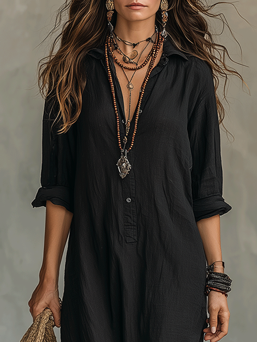 Black Button-Front Bohemian Shirt Maxi Dress - Seldom Seen Styles