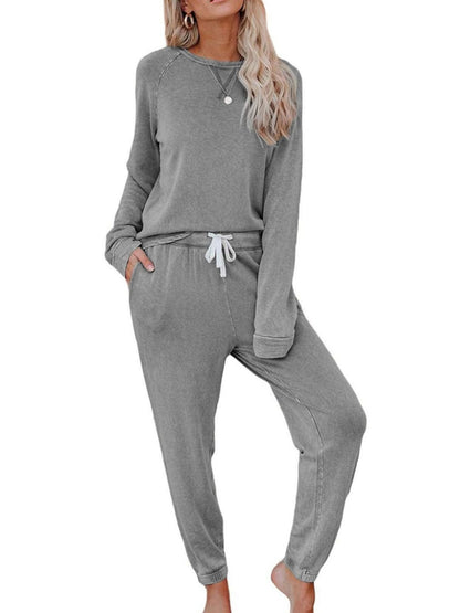 Damen Solides Trainingsanzug-Set, 2-teilig, Langarmpullover und Jogginghose mit Kordelzug, Sport-Outfit-Sets