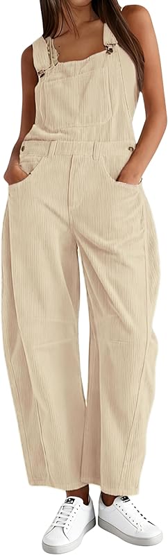 Corduroy Overalls for Women Barrel Wide Leg Bib Corduroy Pants Women Adjustable Romper Jumpsuit with Pockets