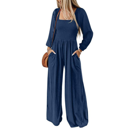 Women's Plain Ruched Shirred Pocket Wide Leg Jumpsuit, Casual Bishop Sleeve Square Neck Jumpsuit for Spring & Fall, Ladies Clothes for Daily Wear
