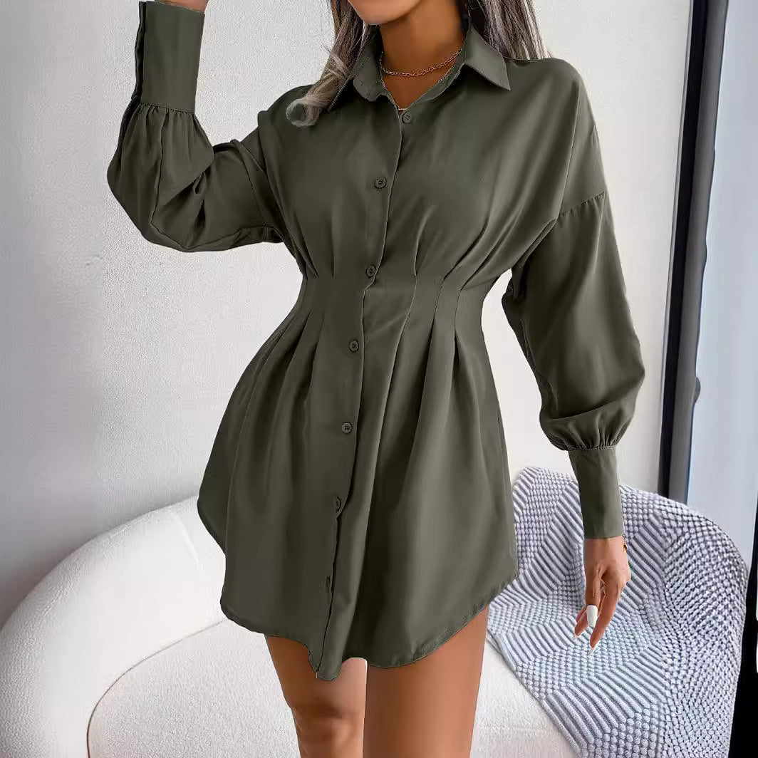 Women's Button Down Shirt Dress, Long Sleeve, Pleated Waist, Multiple Color Options Available - Seldom Seen Styles