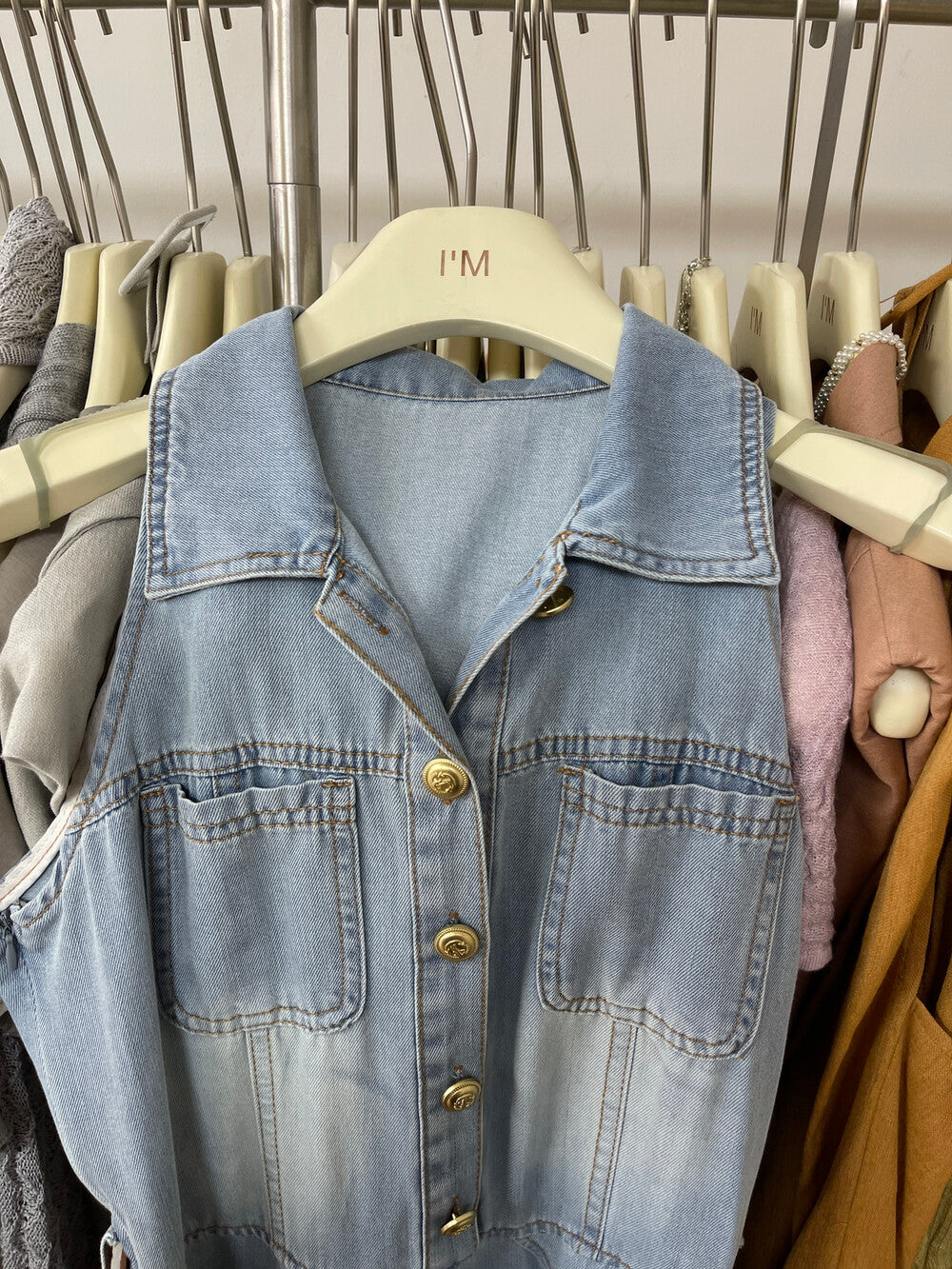 Women's Light Blue Denim Sleeveless Belted A-Line Maxi Dress Gold Button Lapel Collar with Free Belt M L - Seldom Seen Styles