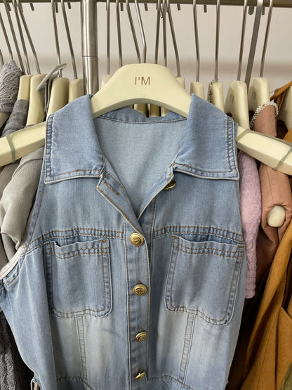 Women's Light Blue Denim Sleeveless Belted A-Line Maxi Dress Gold Button Lapel Collar with Free Belt M L