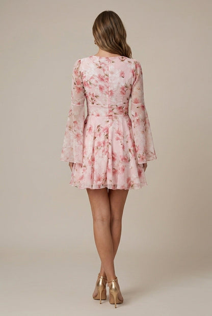 Women's Floral V-Neck Bell Sleeve Fit and Flare Mini Dress