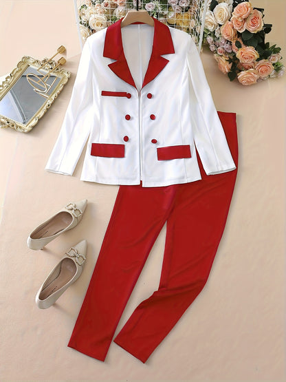 Color Block Two-Piece Set，Casual Button Front Blazer and Straight Pants，Women's Clothing