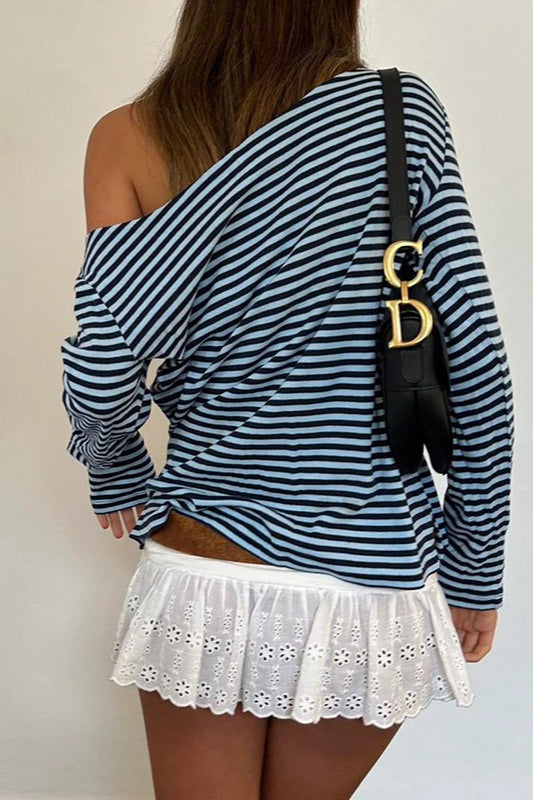 Color Block Striped V Neck Loose Knit Long Sleeve Blouse - Seldom Seen Styles