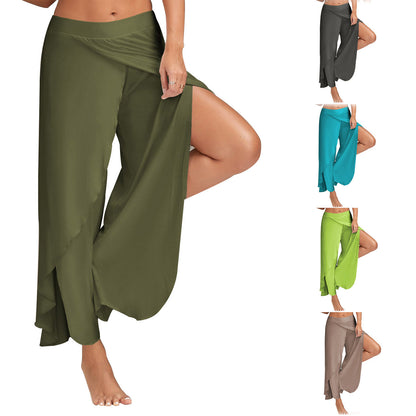 Pantalon de yoga fluide fendu pour femme, sarouel à fente haute, grande taille, pantalon de détente à jambes larges, pantalon ample pour la plage et l'été