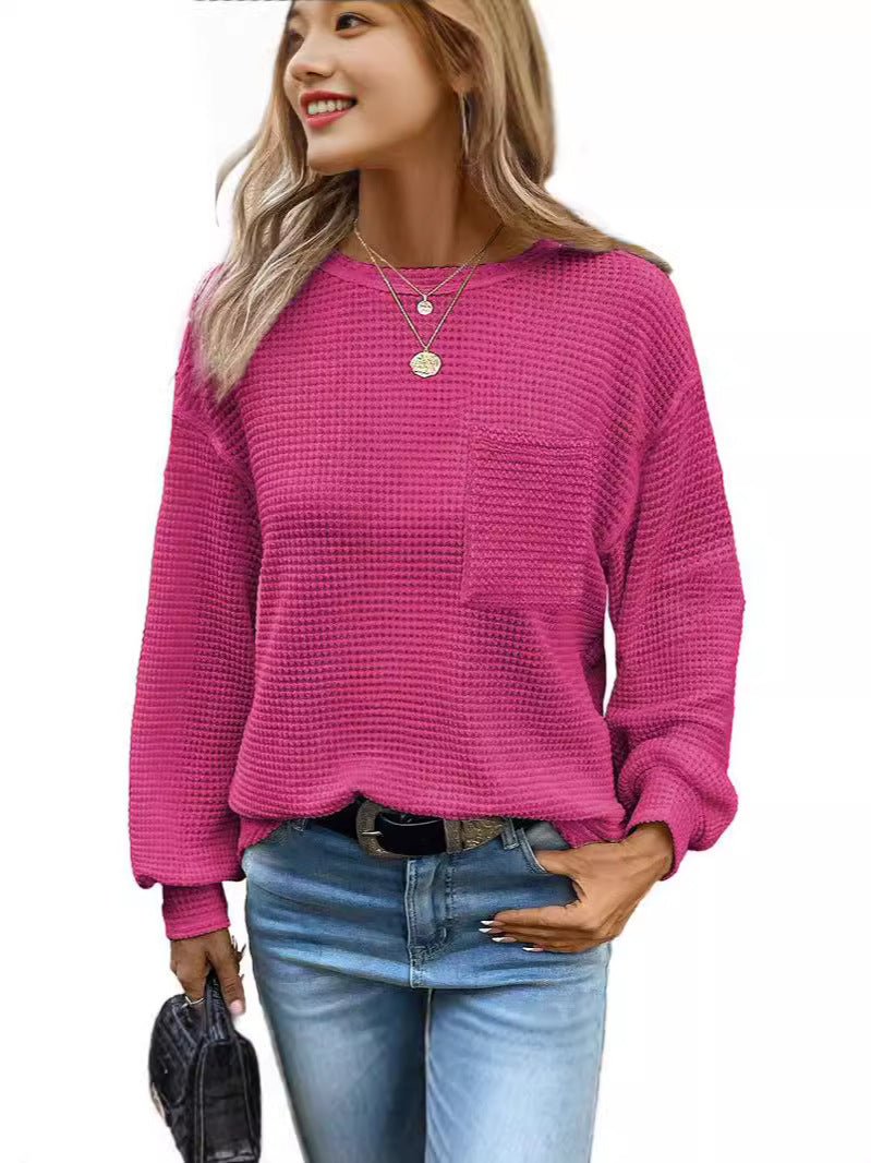 Womens Waffle Knit Tops 2025 Oversized Long Sleeve Crewneck Shirts Business Casual Blouses Basic Shirts - Seldom Seen Styles