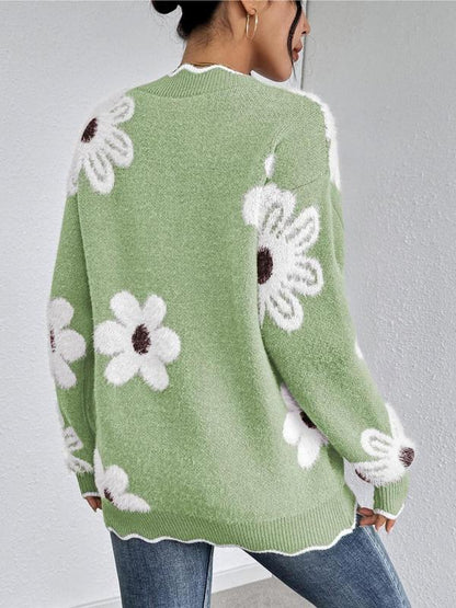 Women's Floral Pattern Scallop Trim Drop Shoulder Sweater, Casual Long Sleeve V Neck Jumper for Fall & Winter, Fashion Ladies' Knitwear for Daily Wear