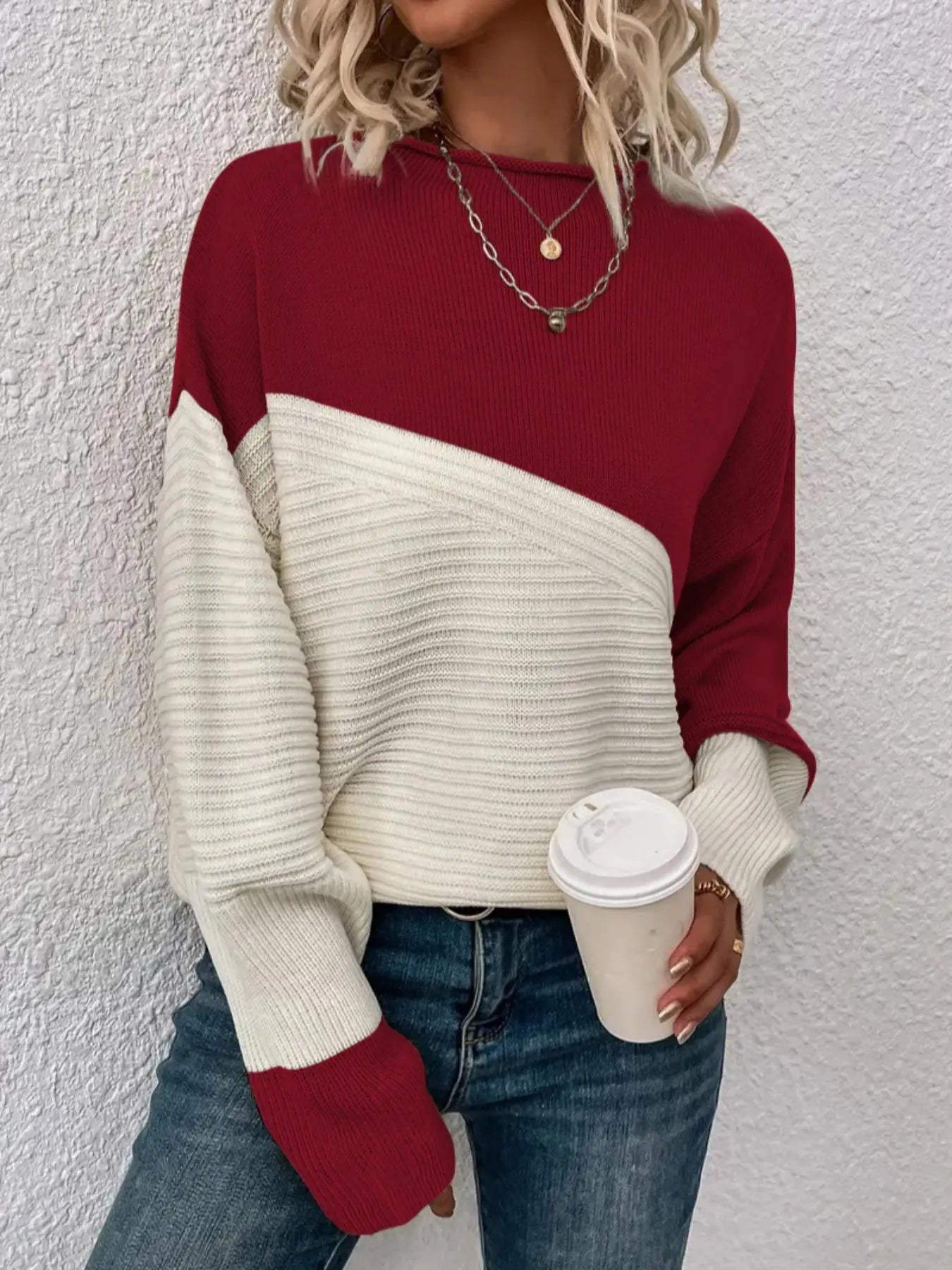Women's Colorblock Drop Shoulder Sweater, Casual Long Sleeve Round Neck Jumper, Ladies' Knitwear for Everyday Wear, Sweaters for Women, Womenswear - Seldom Seen Styles