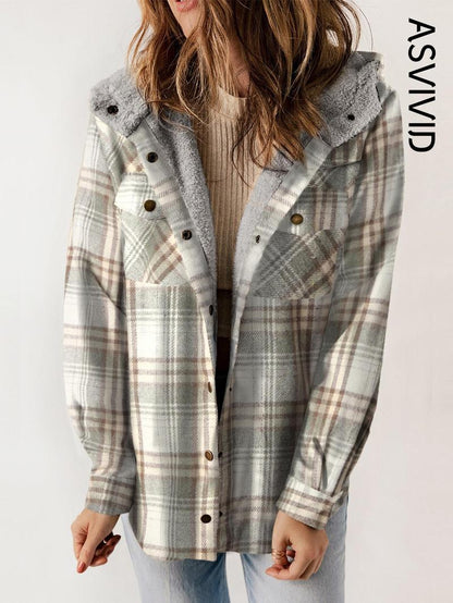 Women's Plaid / Houndstooth Print Button Front Hooded Coat, Casual Long Sleeve Pocket Coat for Fall & Winter, Ladies Outerwear for Daily Wear