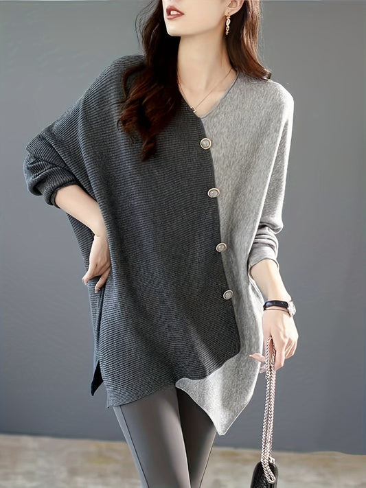 Color Block V Neck Sweater, Elegant Long Batwing Sleeve Button Decor Asymmetric Hem Sweater For Spring & Fall, Women's Clothing