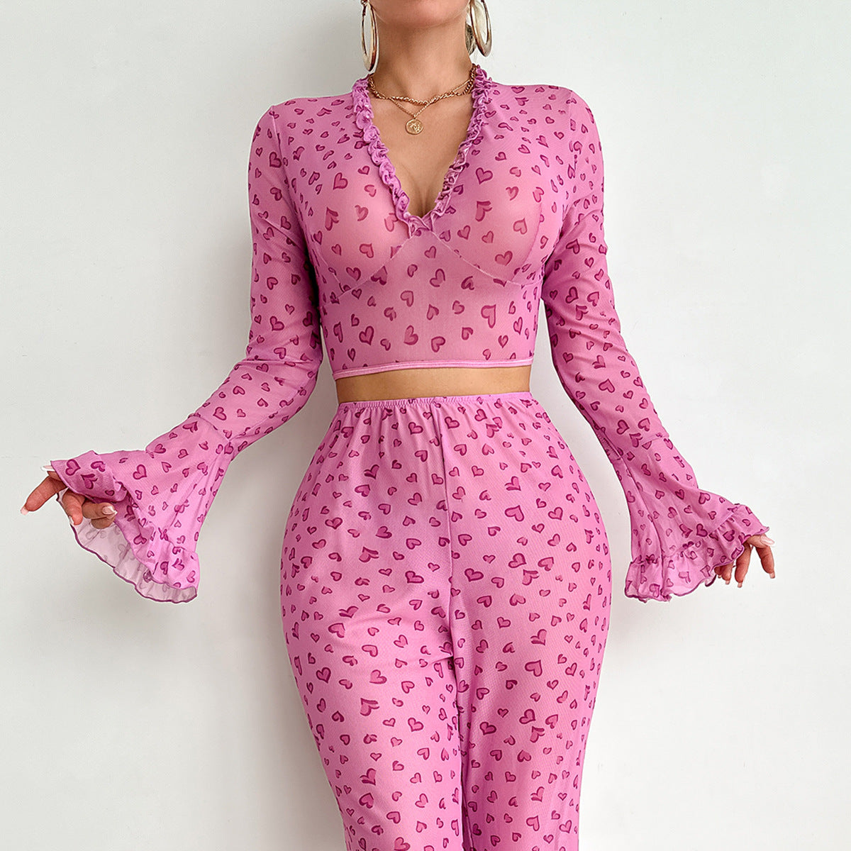 Women's 2 Piece Sheer Mesh Pajama Set Heart Print Deep V Neck Long Sleeve Sleepwear Pants Pjs Sets - Seldom Seen Styles