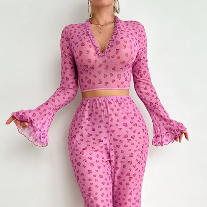 Women's 2 Piece Sheer Mesh Pajama Set Heart Print Deep V Neck Long Sleeve Sleepwear Pants Pjs Sets