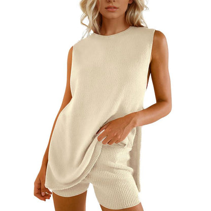 Women's 2 Piece Outfits Summer Knit Sweater Set Sleeveless Tunic Top Matching Shorts Trendy Beach Vacation Sets Loungesetwomen Suits Clothes Womenswear  Basic Beige