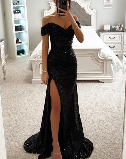 sequin prom dresses strapless sequin dress Split Dress off-Shoulder INS  Fashion low cut maxi Dress for Women