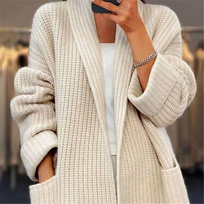 Foreign trade women's clothing2024Autumn and Winter New Women's Thickened Solid ColorVCollar Knitted Cardigan Loose Pockets Sweater Coat