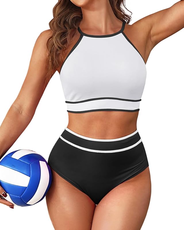 Women's High Waisted Bikini Sets Sporty Two Piece Swimsuit Color Block High Neck Bathing Suit - Seldom Seen Styles