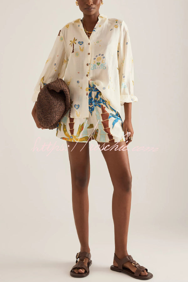 Linen Blend Summer Printed Collared Long-sleeved Shirt and Elastic Waist Pocket Casual Shorts Set - Seldom Seen Styles