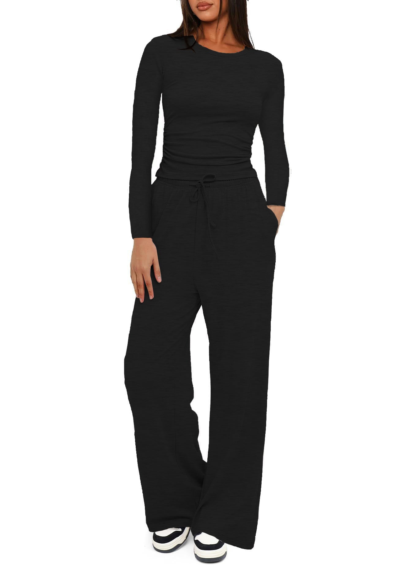 Two-piece Set Women's Solid Ruched Tee & Drawstring Pocket Pants Pajamas Set, Casual Long Sleeve T-shirt & Elastic Waist Trousers, Ladies Sleepwear  Loungewear for All Seasons - Seldom Seen Styles