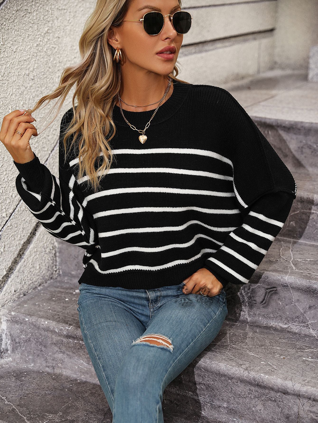 2023Autumn and Winter New Europe and America Cross Border Amazon round Neck Women's Knitwear Foreign Trade Loose Pullover Stripe Sweater Women